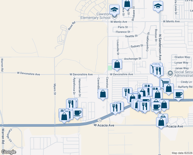 map of restaurants, bars, coffee shops, grocery stores, and more near 4162 Northam Court in Hemet