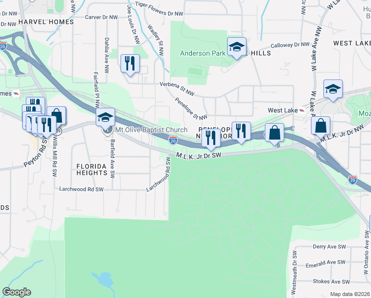 map of restaurants, bars, coffee shops, grocery stores, and more near 2099 Martin Luther King Junior Drive Northwest in Atlanta