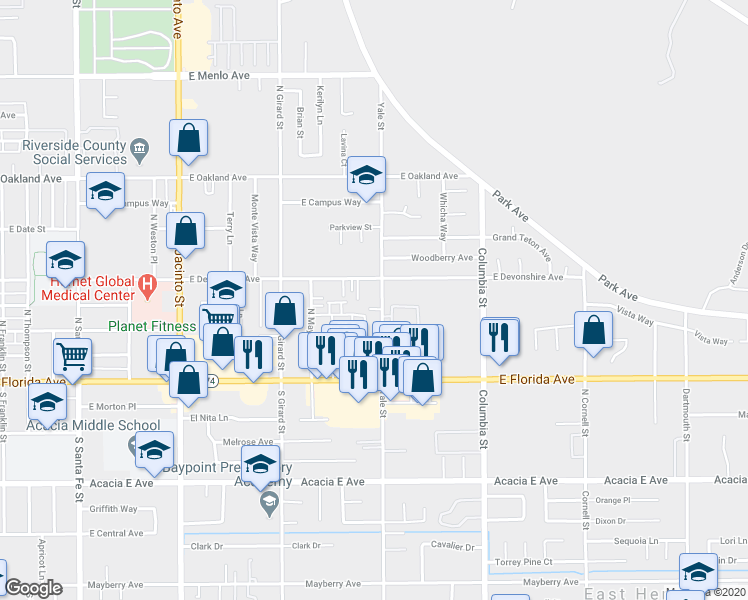 map of restaurants, bars, coffee shops, grocery stores, and more near 267 North Yale Street in Hemet