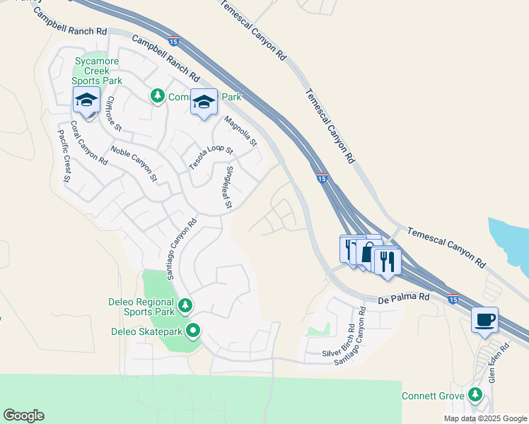 map of restaurants, bars, coffee shops, grocery stores, and more near 11516 Valley Oak Lane in Corona