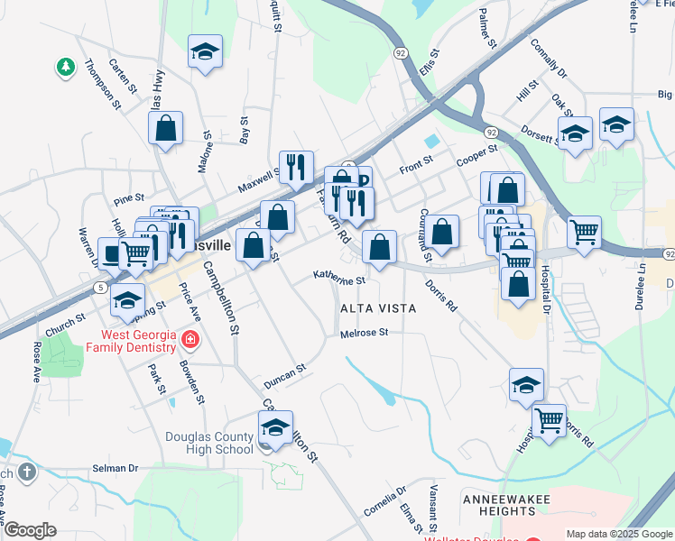 map of restaurants, bars, coffee shops, grocery stores, and more near 8454 Dawn Avenue in Douglasville