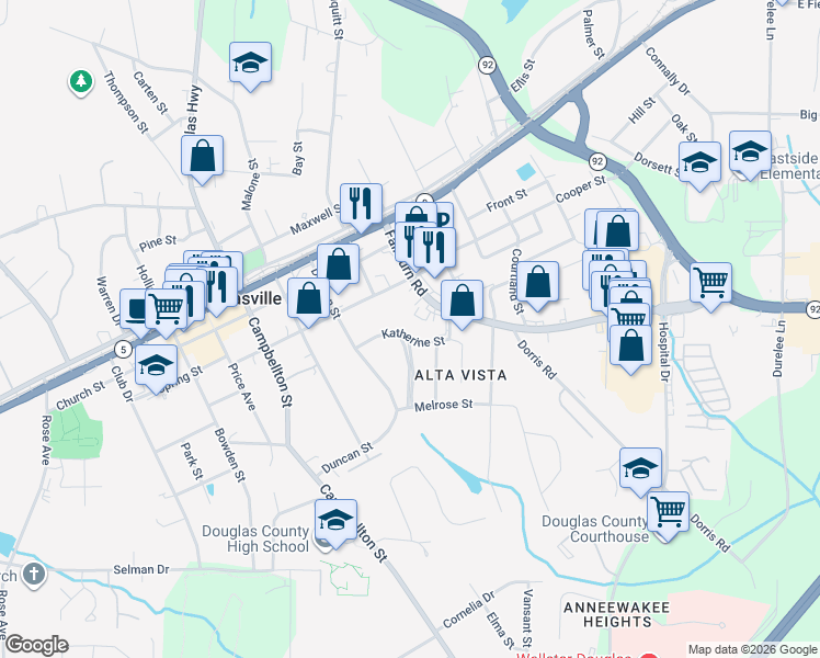 map of restaurants, bars, coffee shops, grocery stores, and more near 6419 Katherine Street in Douglasville