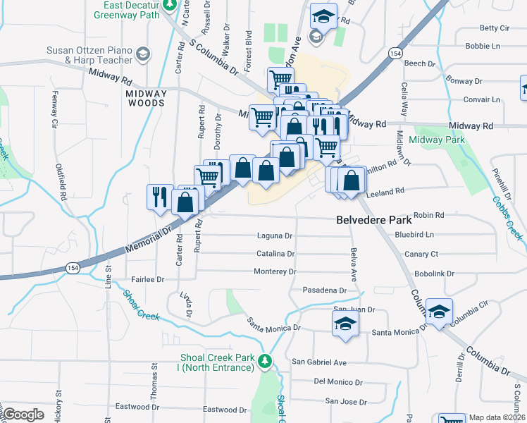 map of restaurants, bars, coffee shops, grocery stores, and more near 2897 Belvedere Lane in Decatur