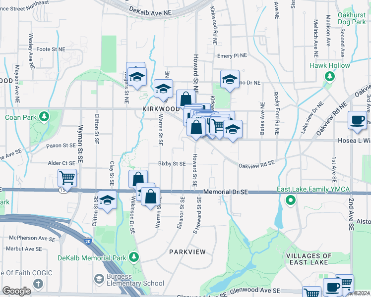 map of restaurants, bars, coffee shops, grocery stores, and more near 85 Howard Street Southeast in Atlanta