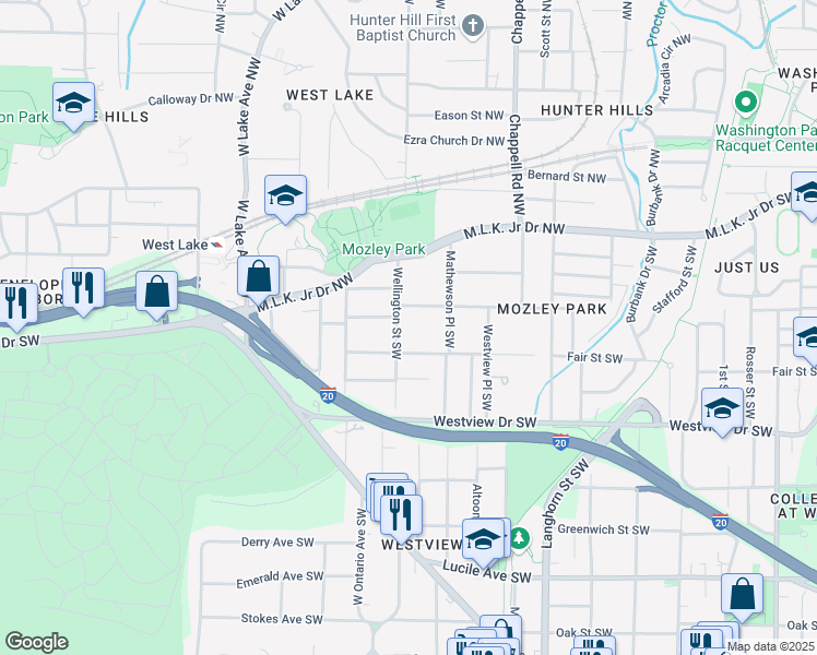 map of restaurants, bars, coffee shops, grocery stores, and more near 194 Wellington Street Southwest in Atlanta