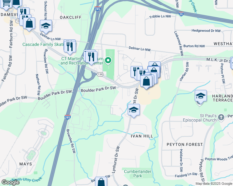 map of restaurants, bars, coffee shops, grocery stores, and more near 3152 Boulder Park Drive Southwest in Atlanta
