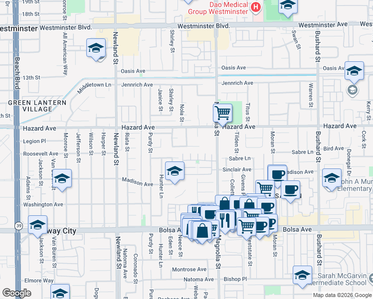 map of restaurants, bars, coffee shops, grocery stores, and more near 8832 Williamsburg Avenue in Westminster