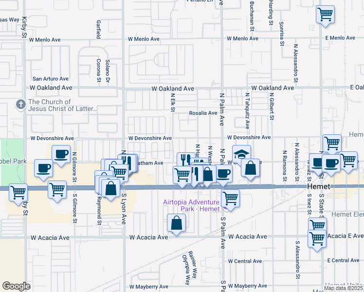 map of restaurants, bars, coffee shops, grocery stores, and more near 281 Valley View Drive in Hemet