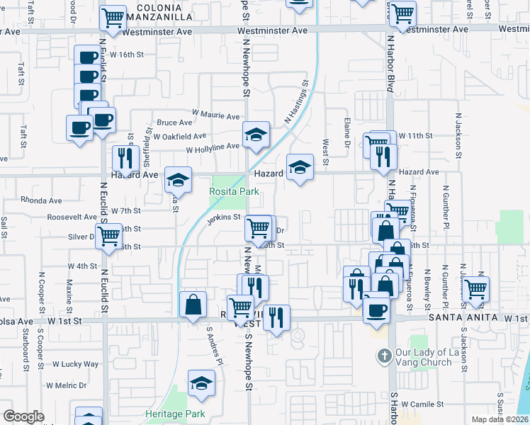 map of restaurants, bars, coffee shops, grocery stores, and more near 4418 Roosevelt Avenue in Santa Ana