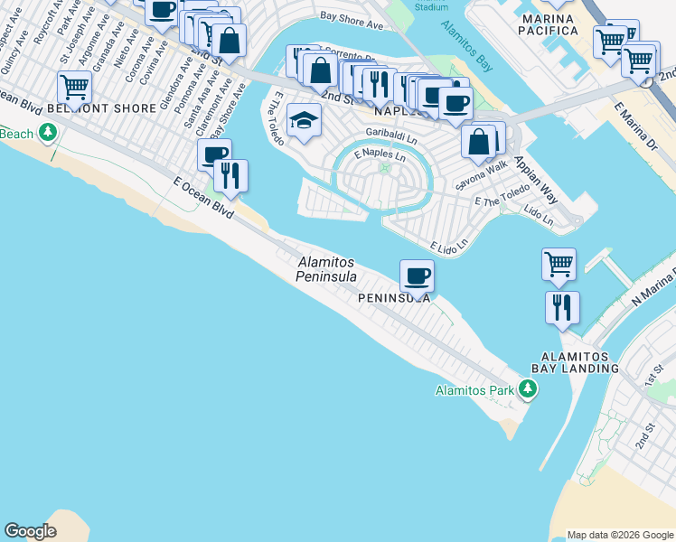 map of restaurants, bars, coffee shops, grocery stores, and more near 32 56th Place in Long Beach