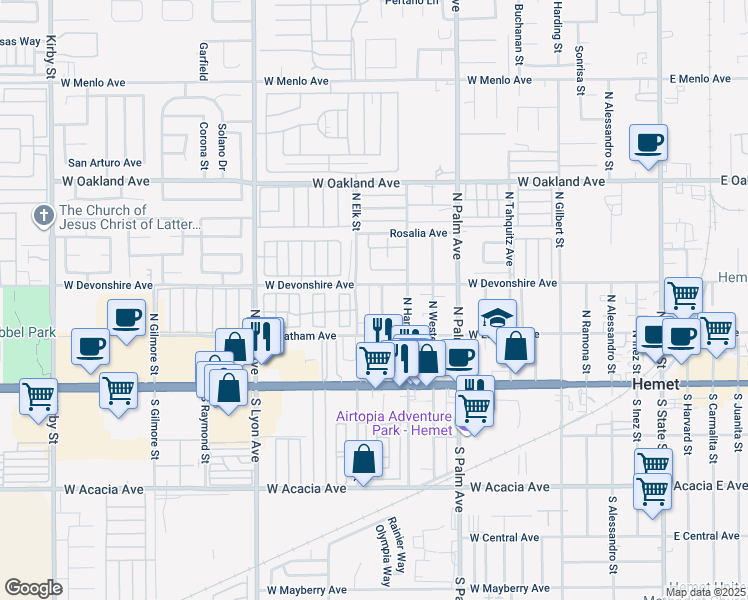 map of restaurants, bars, coffee shops, grocery stores, and more near 281 Valley View Drive in Hemet