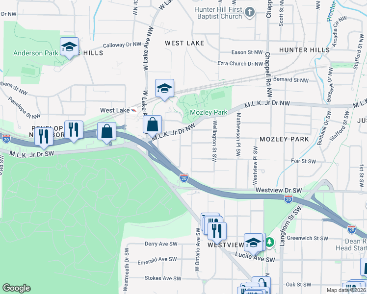 map of restaurants, bars, coffee shops, grocery stores, and more near 190 Racine Street Southwest in Atlanta