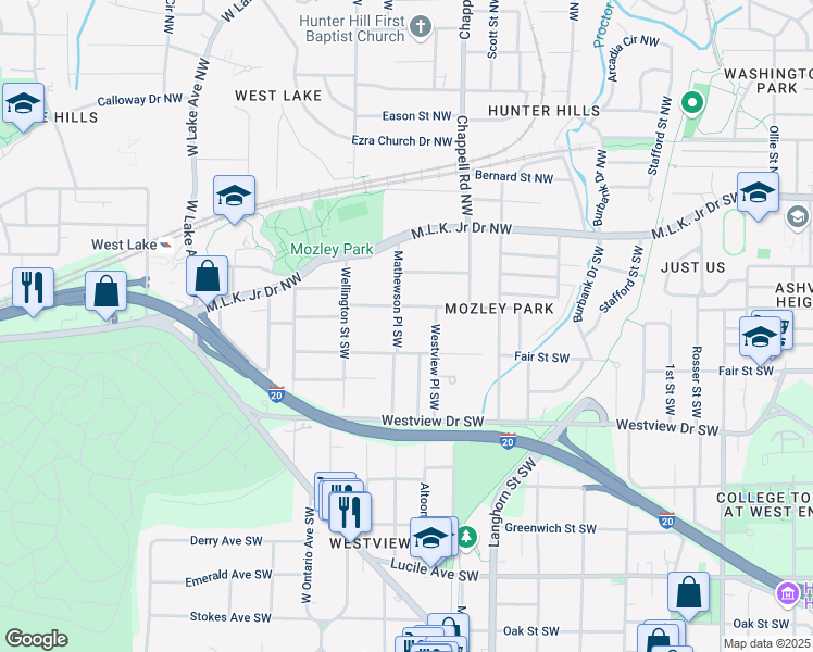map of restaurants, bars, coffee shops, grocery stores, and more near 170 Mathewson Place Southwest in Atlanta