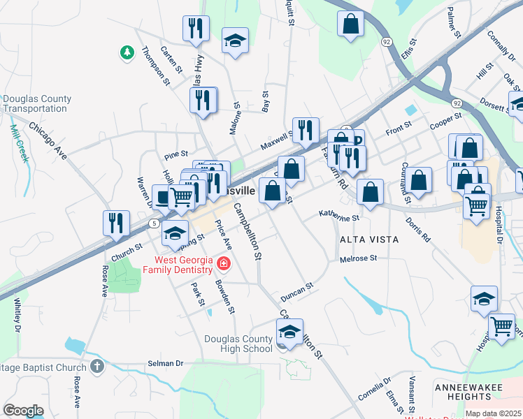 map of restaurants, bars, coffee shops, grocery stores, and more near 6585 Spring Street in Douglasville