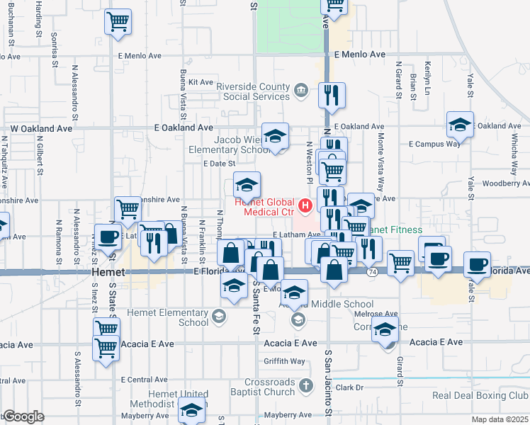 map of restaurants, bars, coffee shops, grocery stores, and more near 918 Calhoun Place in Hemet