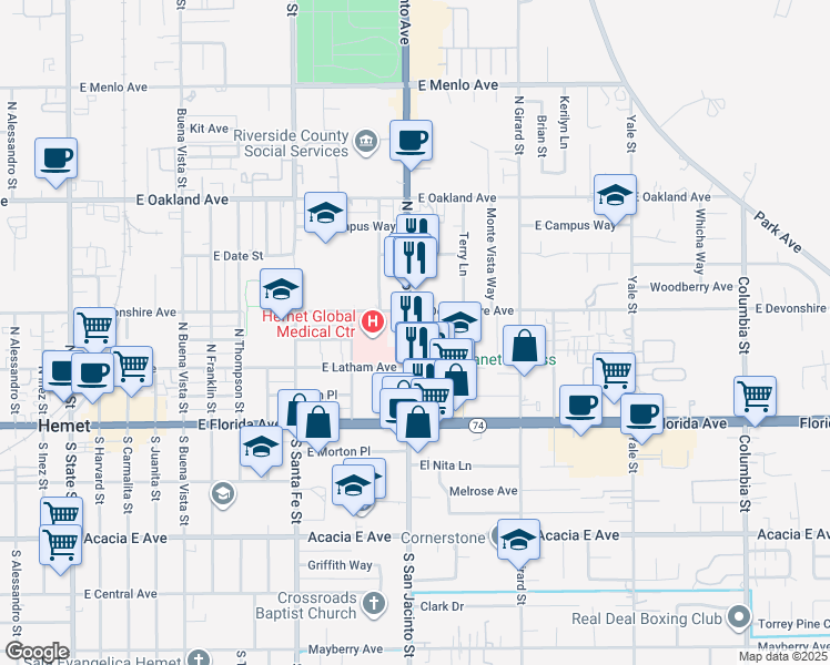 map of restaurants, bars, coffee shops, grocery stores, and more near 280 North San Jacinto Street in Hemet