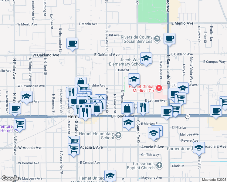 map of restaurants, bars, coffee shops, grocery stores, and more near 526 Calhoun Place in Hemet