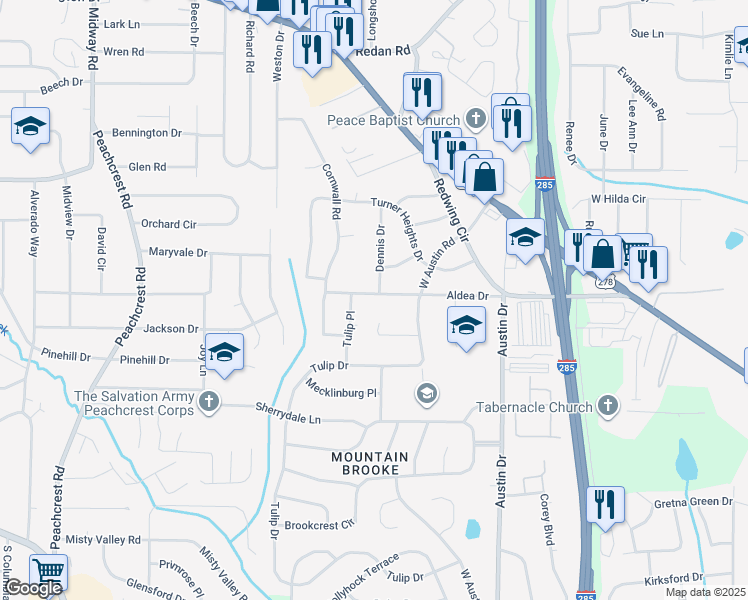map of restaurants, bars, coffee shops, grocery stores, and more near 3673 Aldea Drive in Decatur