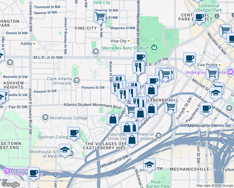 map of restaurants, bars, coffee shops, grocery stores, and more near 170 Bailey Street Southwest in Atlanta