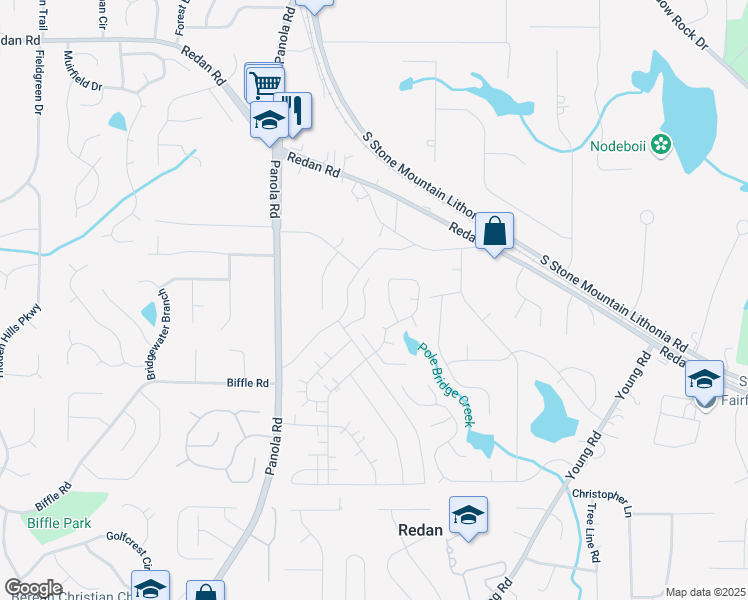 map of restaurants, bars, coffee shops, grocery stores, and more near 5555 Mountain Springs Circle in Stone Mountain