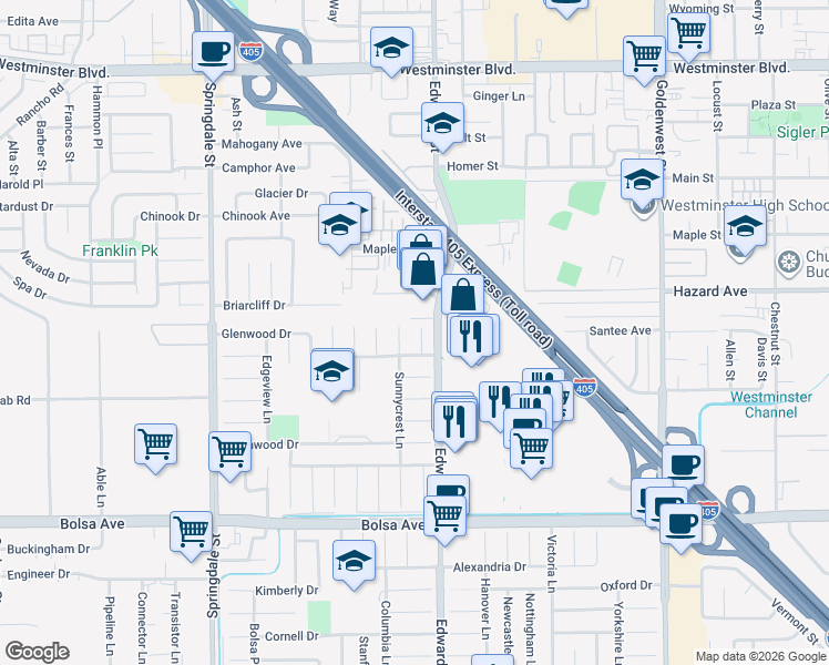 map of restaurants, bars, coffee shops, grocery stores, and more near 14571 Yucca Circle in Huntington Beach