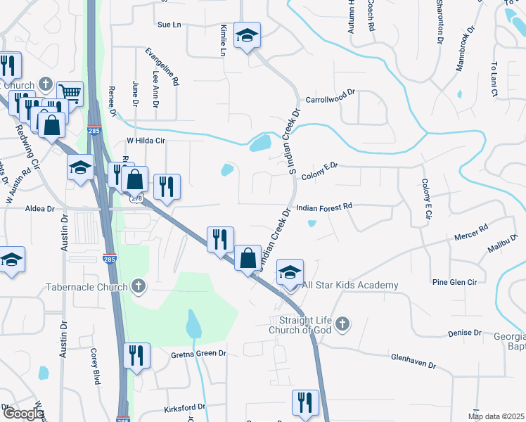 map of restaurants, bars, coffee shops, grocery stores, and more near 3998 Inca Court in Stone Mountain