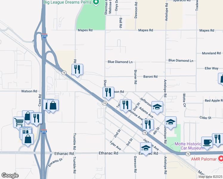 map of restaurants, bars, coffee shops, grocery stores, and more near 27566 Watson Road in Menifee