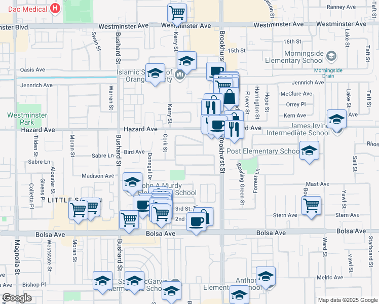 map of restaurants, bars, coffee shops, grocery stores, and more near 9831 Cheshire Avenue in Westminster