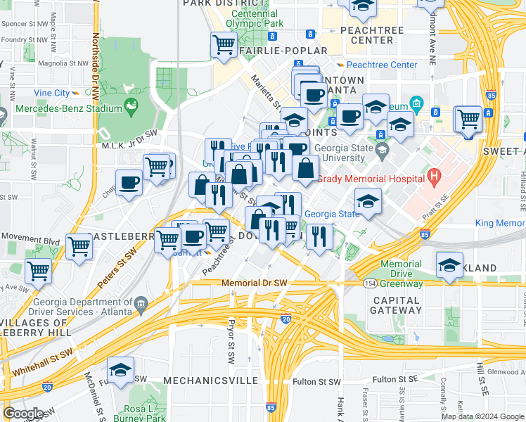 map of restaurants, bars, coffee shops, grocery stores, and more near 142 Mitchell Street Southwest in Atlanta