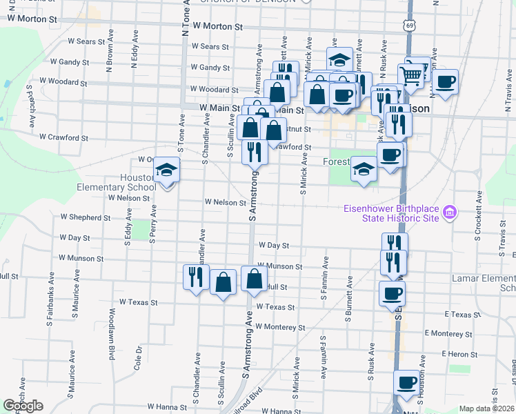 map of restaurants, bars, coffee shops, grocery stores, and more near 620 South Armstrong Avenue in Denison