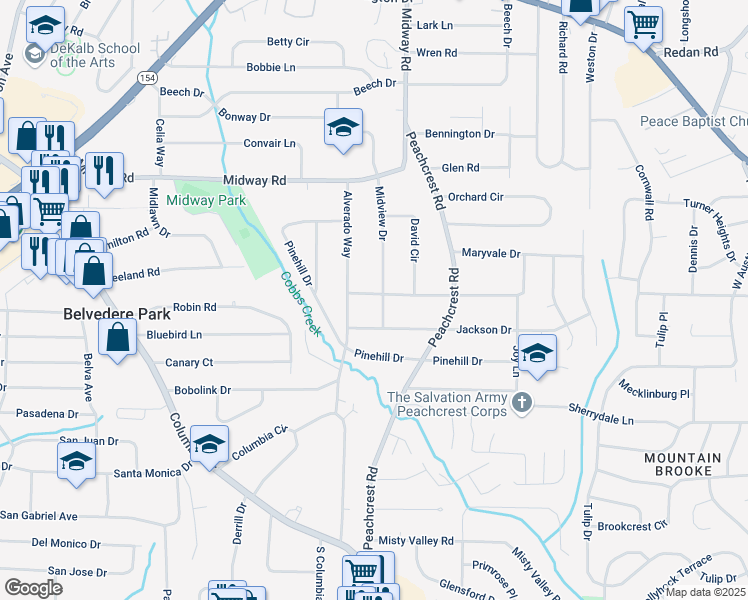 map of restaurants, bars, coffee shops, grocery stores, and more near 1453 Midview Drive in Decatur
