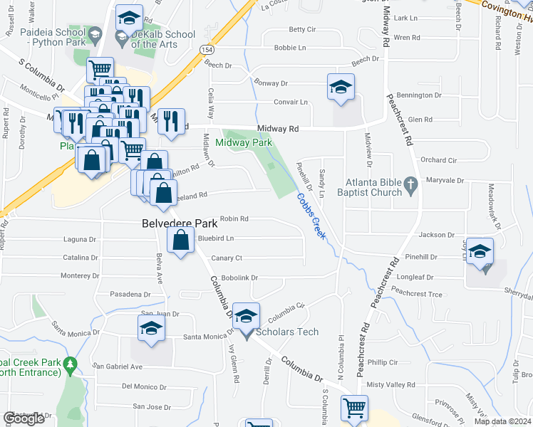 map of restaurants, bars, coffee shops, grocery stores, and more near 3204 Robin Road in Decatur