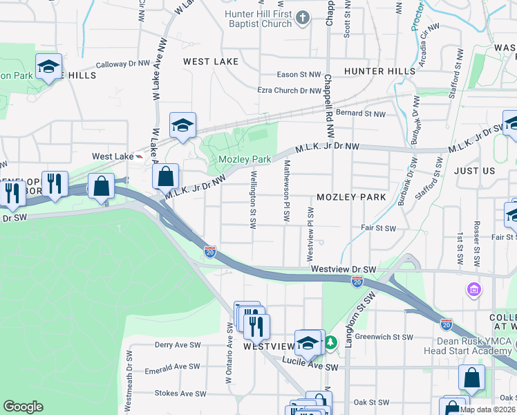 map of restaurants, bars, coffee shops, grocery stores, and more near 170 Wellington Street Southwest in Atlanta