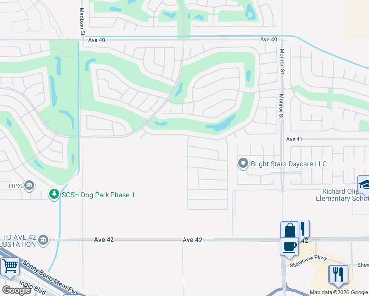 map of restaurants, bars, coffee shops, grocery stores, and more near 41085 Calle Pampas in Indio