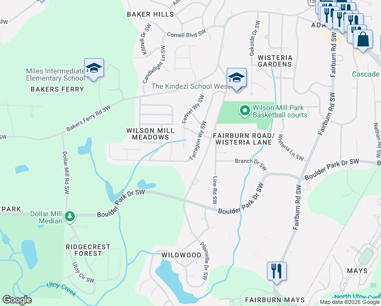map of restaurants, bars, coffee shops, grocery stores, and more near 447 Tarragon Way Southwest in Atlanta