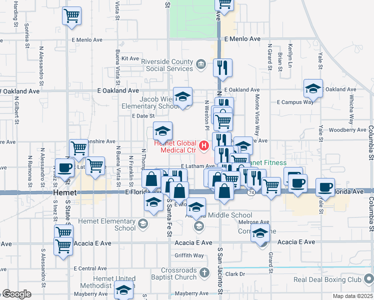 map of restaurants, bars, coffee shops, grocery stores, and more near 225 Laursen Street in Hemet