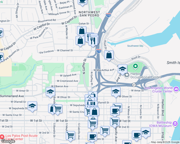 map of restaurants, bars, coffee shops, grocery stores, and more near 827 North Gaffey Place in Los Angeles