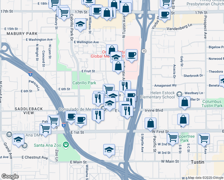 map of restaurants, bars, coffee shops, grocery stores, and more near 109 East 6th Street in Santa Ana