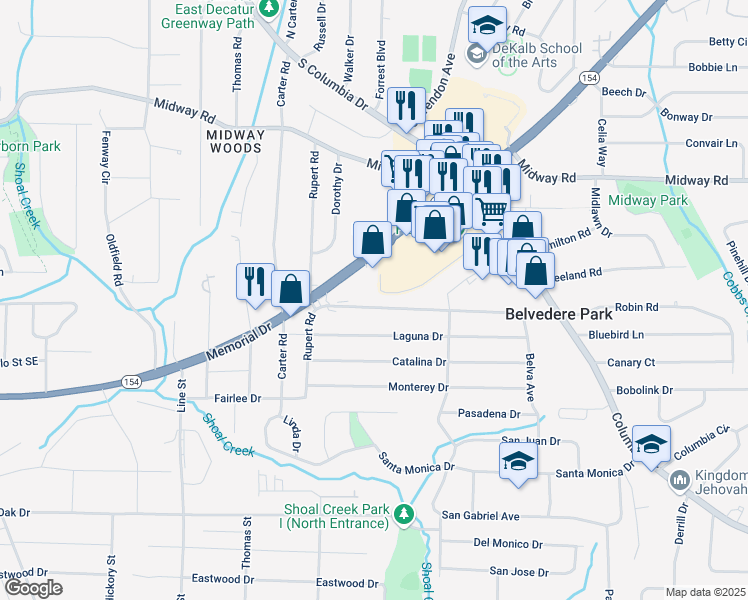map of restaurants, bars, coffee shops, grocery stores, and more near 2897 Belvedere Lane in Decatur