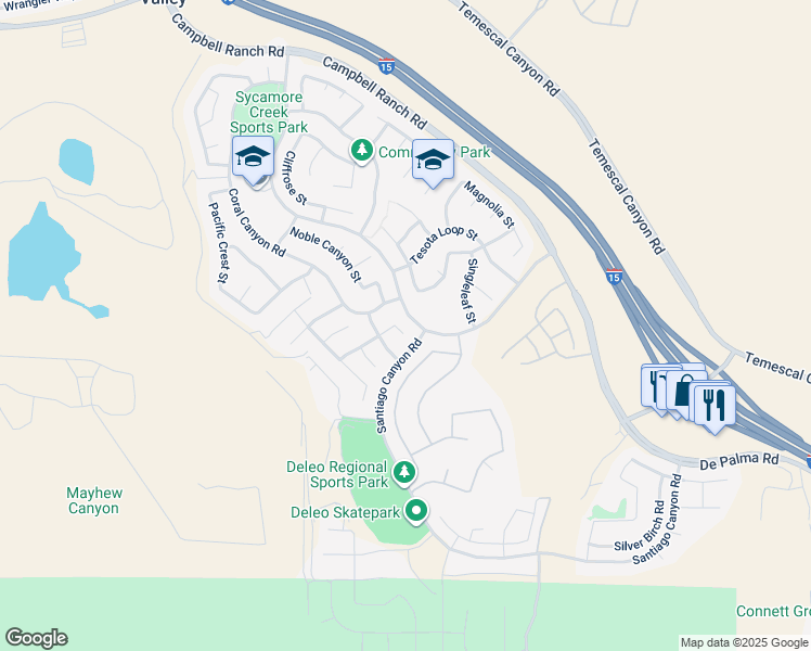 map of restaurants, bars, coffee shops, grocery stores, and more near 11220 Jasmine Way in Corona