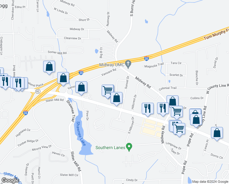 map of restaurants, bars, coffee shops, grocery stores, and more near 2013 Skyview Circle in Douglasville