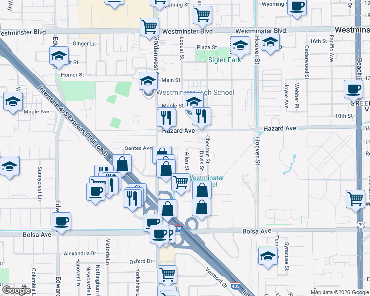 map of restaurants, bars, coffee shops, grocery stores, and more near 14632 Kathy Street in Westminster