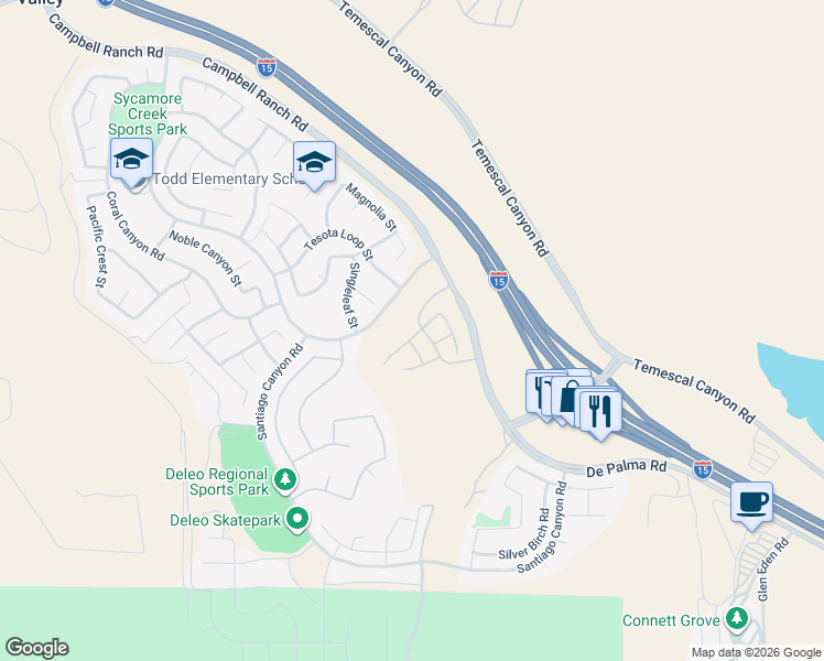 map of restaurants, bars, coffee shops, grocery stores, and more near 11528 Valley Oak Lane in Corona