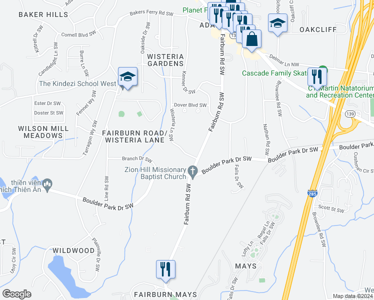 map of restaurants, bars, coffee shops, grocery stores, and more near 3697 Wisteria Lane Southwest in Atlanta