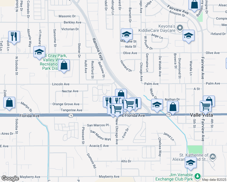 map of restaurants, bars, coffee shops, grocery stores, and more near 25585 New Chicago Avenue in Hemet