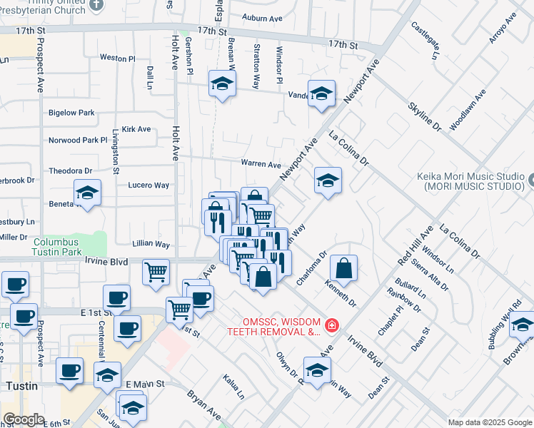 map of restaurants, bars, coffee shops, grocery stores, and more near 1082 Wass Street in Tustin