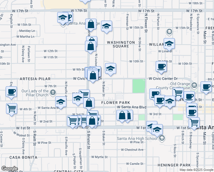 map of restaurants, bars, coffee shops, grocery stores, and more near 1111 West 6th Street in Santa Ana