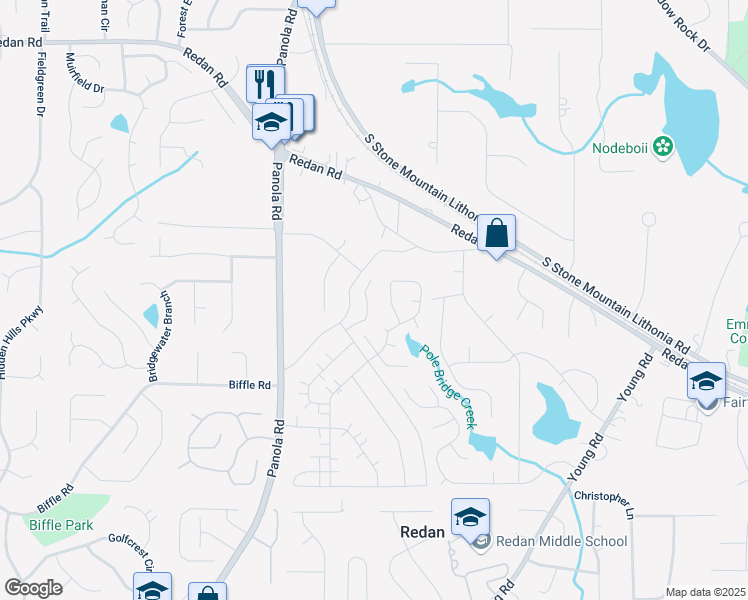 map of restaurants, bars, coffee shops, grocery stores, and more near 5555 Mountain Springs Circle in Stone Mountain