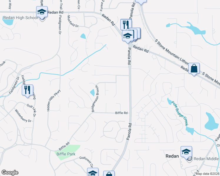 map of restaurants, bars, coffee shops, grocery stores, and more near 1453 Rockmoor Court in Stone Mountain