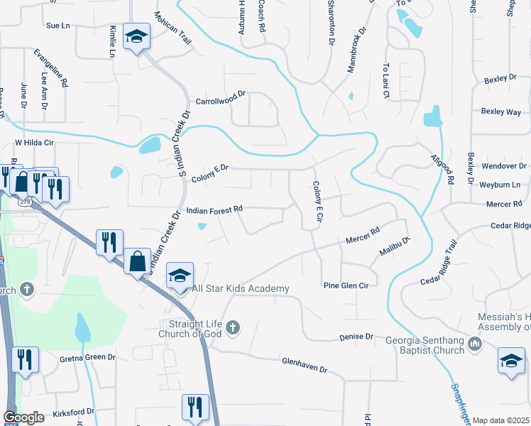 map of restaurants, bars, coffee shops, grocery stores, and more near Indian Forest Trail in DeKalb County